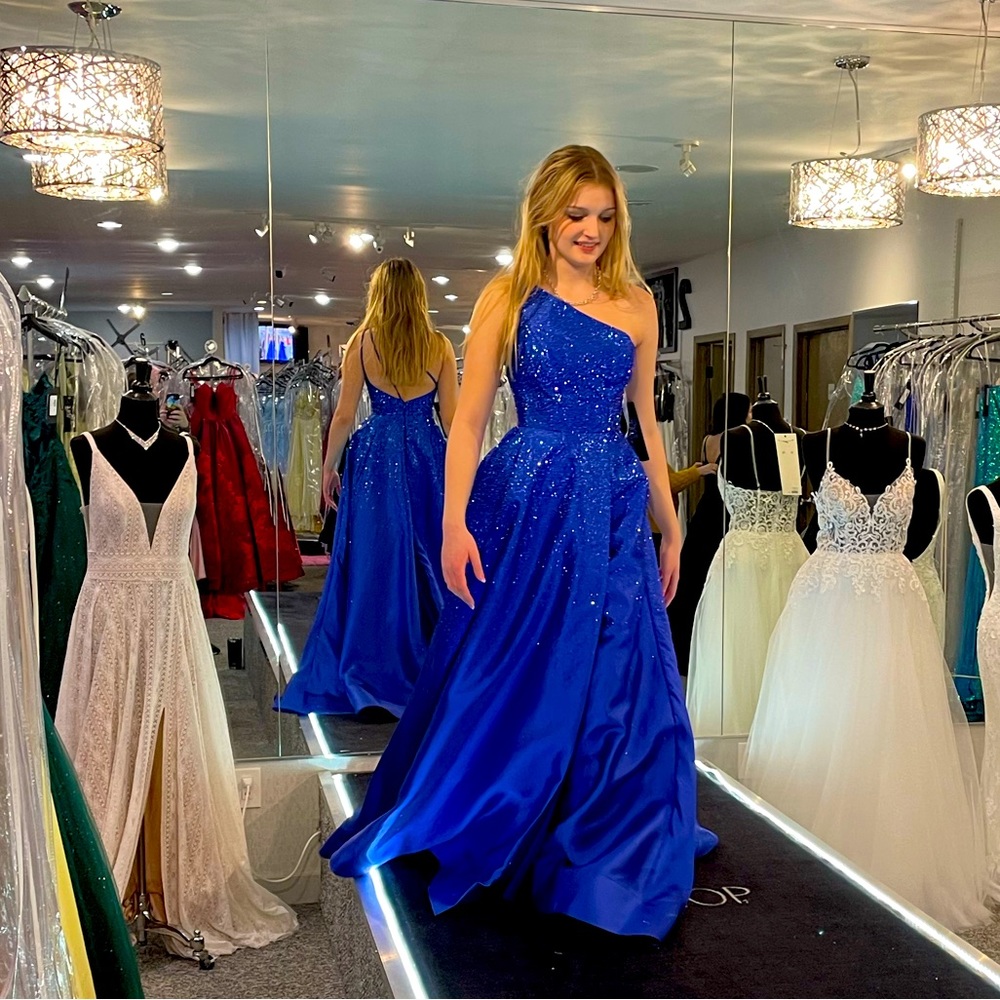 sheri hill royal blue one shoulder dress